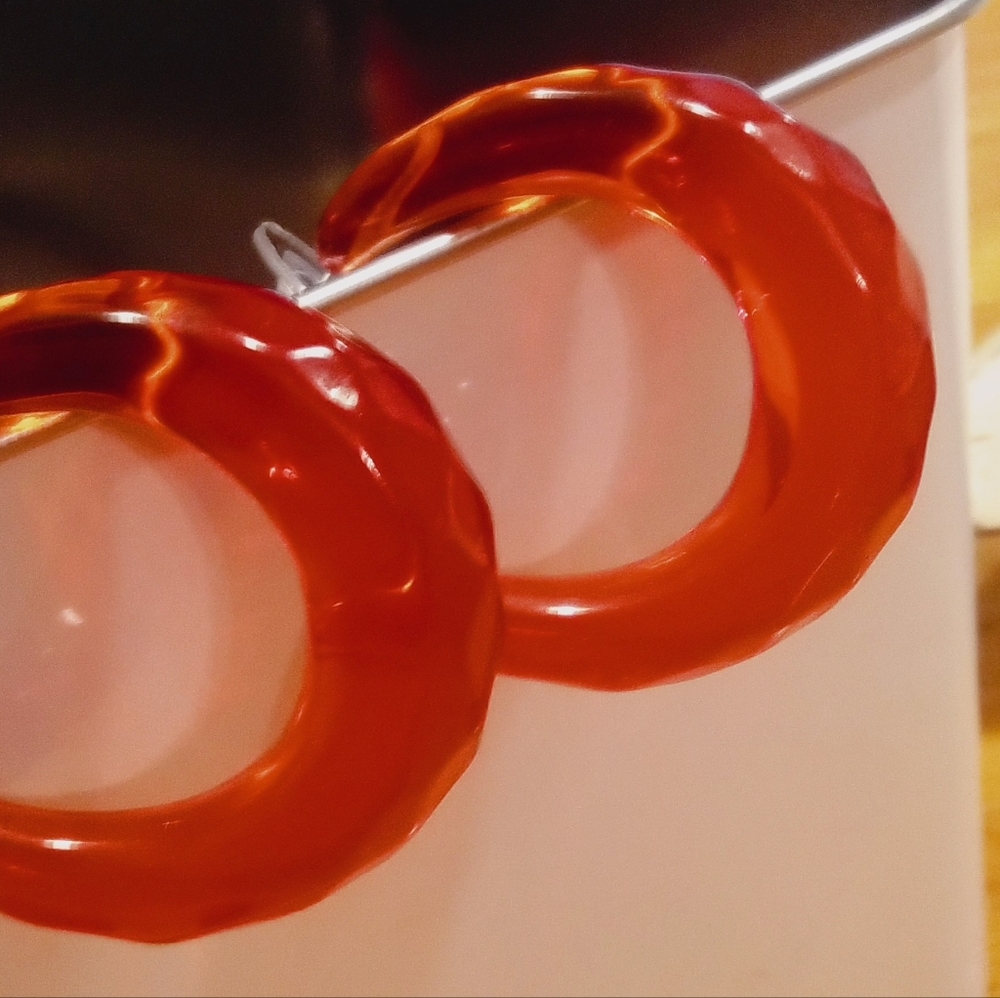 Vintage Lucite Red Orange Color  Pebbled Hoops for Pierced ears